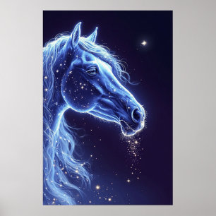 Mystical Blue Unicorn in Starry Night Sky Poster