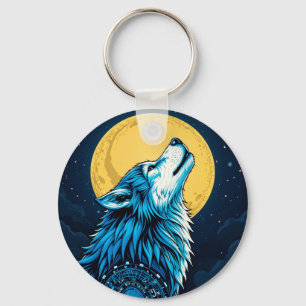 Mystical Blue Wolf Howling at a Full Moon Keychain