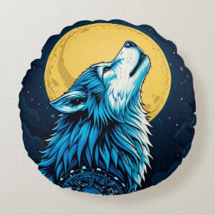 Mystical Blue Wolf Howling at a Full Moon Round Pillow