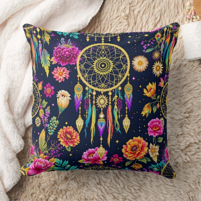Mystical bohemian floral navy gold pattern  throw pillow (Blanket)