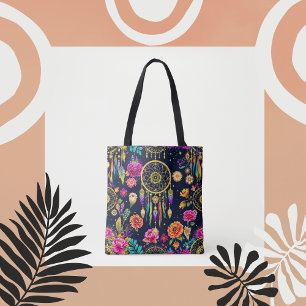Mystical bohemian floral navy gold pattern tote bag