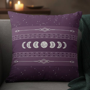Mystical Bohemian Plum Celestial Moon Phase Throw Pillow