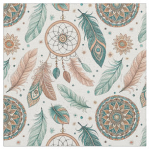 Mystical Boho Dreamcatcher Hoop & Feathers Pattern Fabric
