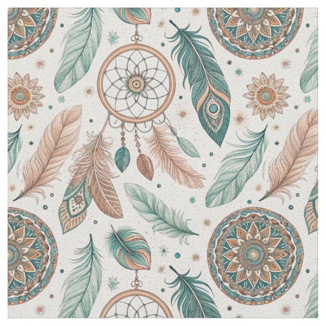 Mystical Boho Dreamcatcher Hoop & Feathers Pattern Fabric (Close Up)