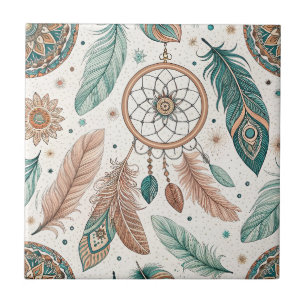 Mystical Boho Dreamcatcher Hoop & Feathers Pattern Tile