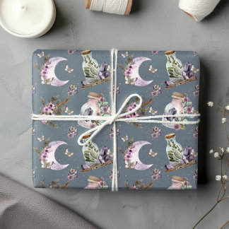 Mystical Boho Lavender Anemone Moon and Bottles Wrapping Paper