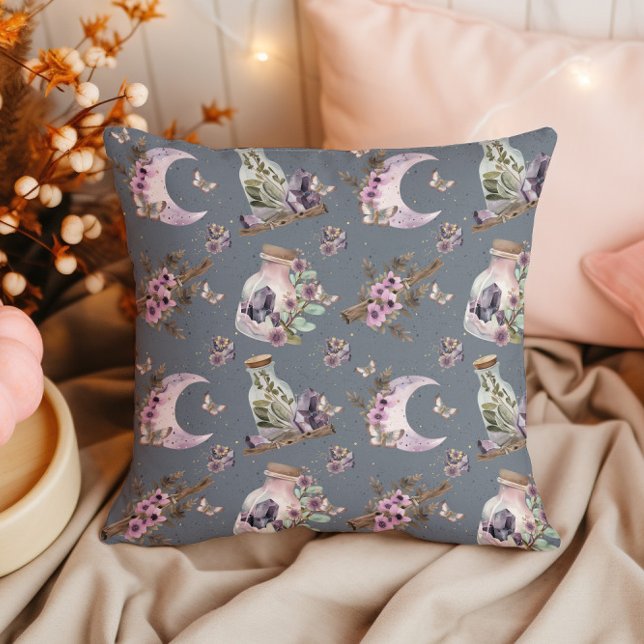 Mystical Boho Lavender Anemone Moon and Potions Outdoor Pillow (Creator Uploaded)