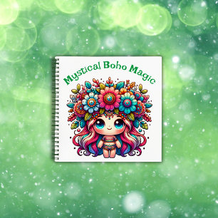 Mystical Boho Magic Green Text on White Notebook