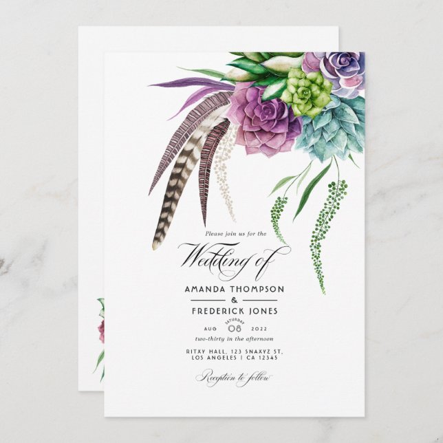 Mystical Boho Succulent Plants Wedding Photo Invitation (Front/Back)