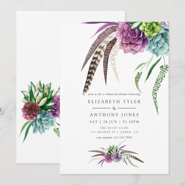 Mystical Boho Succulent Rehearsal Dinner Invitation (Front/Back)
