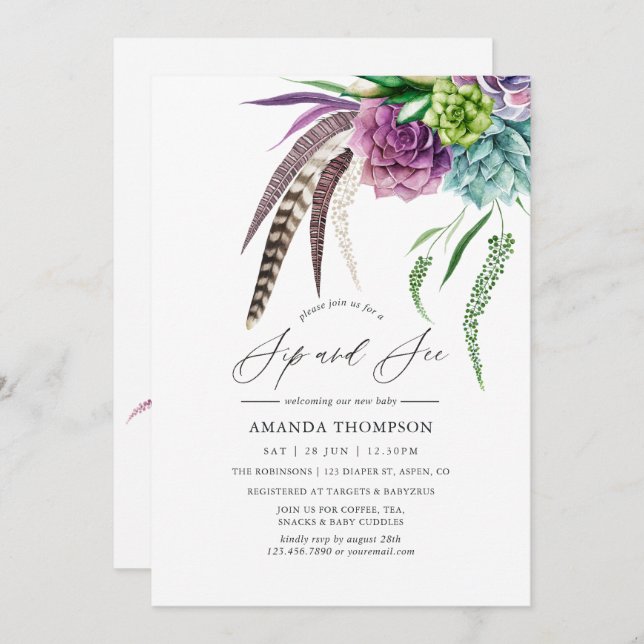 Mystical Boho Watercolor Sip and See Invitation (Front/Back)