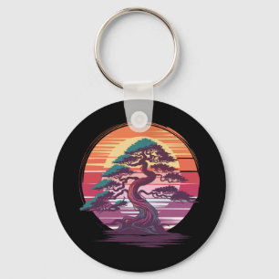Mystical Bonsai Tree - Retro Sunset Aesthetic Keychain