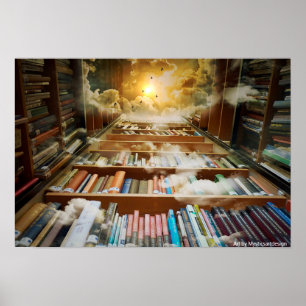 Mystical Bookshelf Towering Towards the Heavens Poster