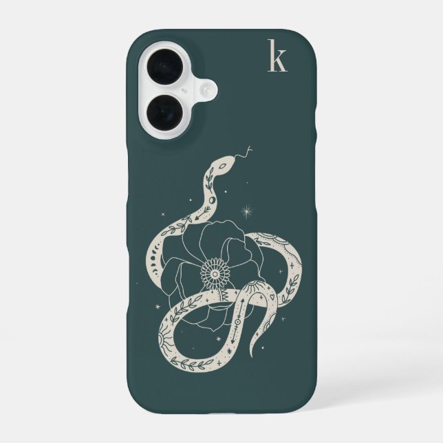 Mystical Botanical Snake Illustration Monogram iPhone 16 Case (Back)