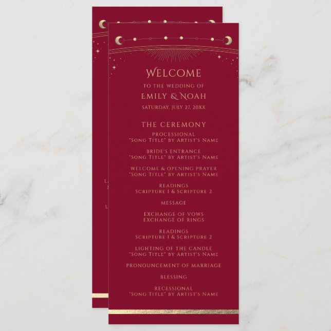 Mystical Burgundy Gold Sun Star Moon Space Wedding Program (Front/Back)