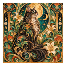 Mystical Cat and Moon Art Nouveau Poster