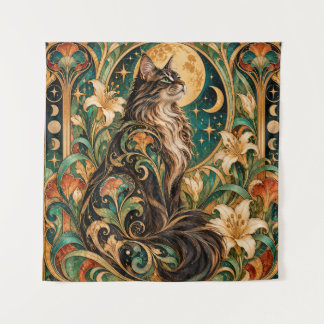 Mystical Cat and Moon Art Nouveau Tapestry