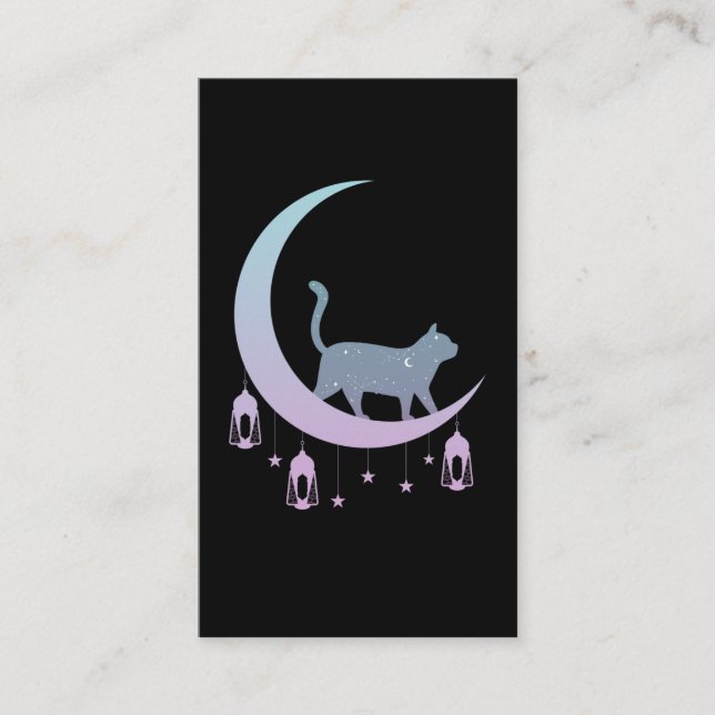 Mystical Cat Crescent Moon Horoscope Pastel Goth Business Card (Front)