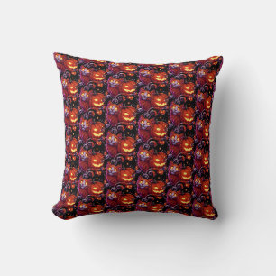 Mystical Cat & Glowing Pumpkins Throw Pillow