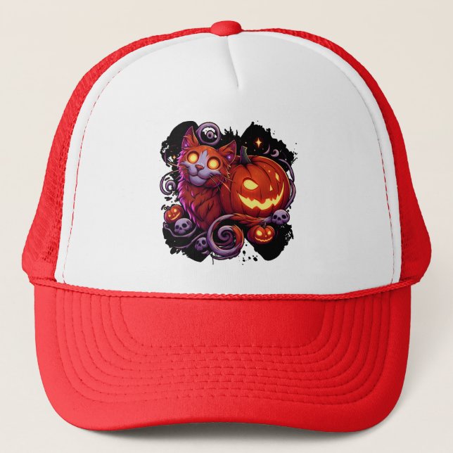 Mystical Cat & Glowing Pumpkins Trucker Hat (Front)