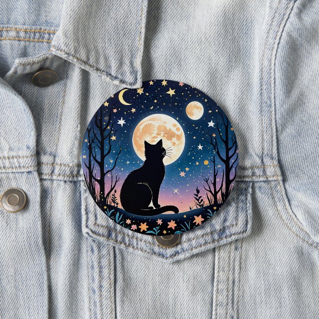Mystical Cat Moon Button | Cute Night Sky Cat Pin  (In Situ)