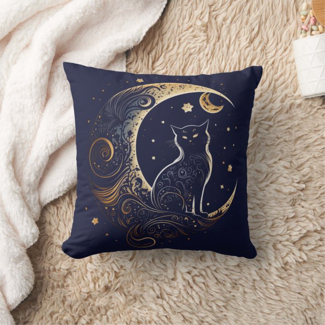 Mystical Cat Moon - Celestial Gift Throw Pillow (Blanket)