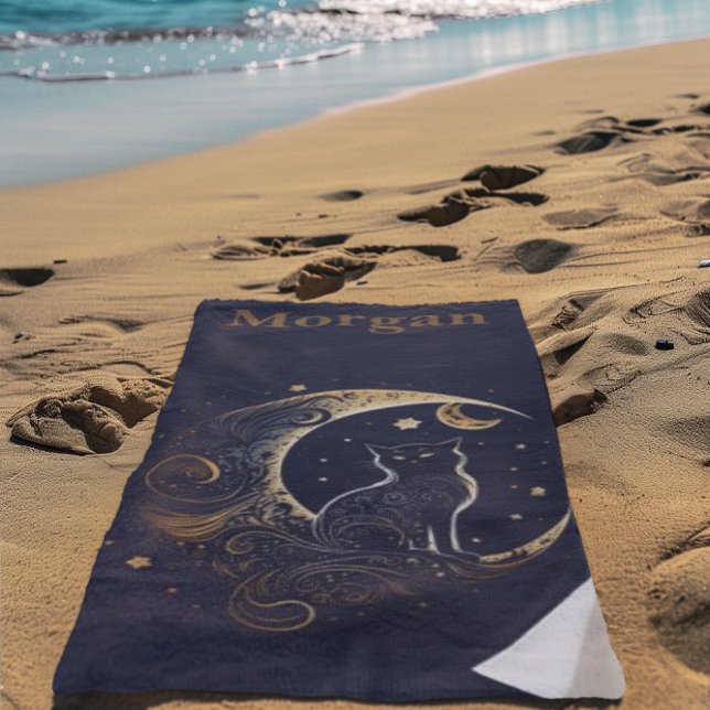Mystical Cat Moon - Personalized Celestial Gift Beach Towel (Creator Uploaded)