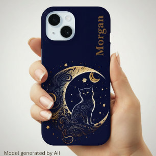 Mystical Cat Moon - Personalized Celestial Gift iPhone 15 Case