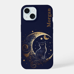 Mystical Cat Moon - Personalized Celestial Gift iPhone 15 Case