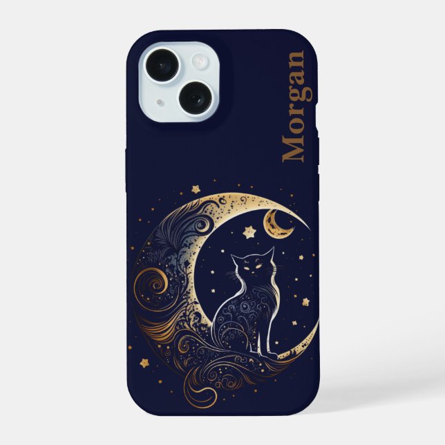 Mystical Cat Moon - Personalized Celestial Gift iPhone 15 Case (Back)