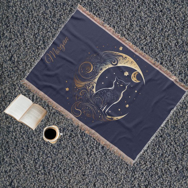 Mystical Cat Moon - Personalized Celestial Gift Throw Blanket (Creator Uploaded)