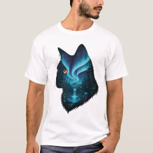 Mystical Cat Northern Lights Forest Silhouette  T-Shirt