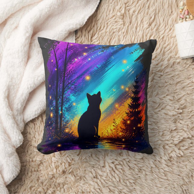 Mystical Cat Northern Lights Throw Pillow (Blanket)