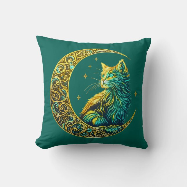 Mystical Cat on Moon Celestial Night Design Throw Pillow (Front)