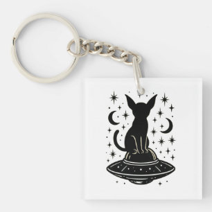 Mystical Cat on UFO with Stars & Moons Keychain