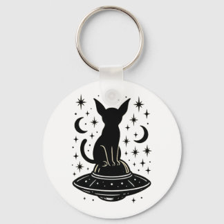 Mystical Cat on UFO with Stars & Moons Keychain