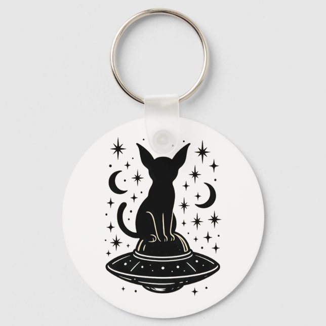 Mystical Cat on UFO with Stars & Moons Keychain (Front)