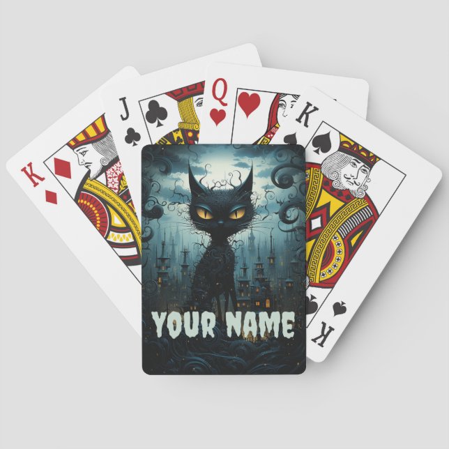 Mystical Cat Overlook: Enchanted Cityscape Playing Cards (Back)