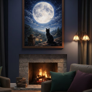 Mystical Cat Under Full Moon Night Sky Poster
