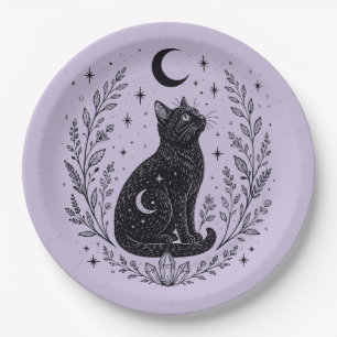 Mystical cat under the moon paper plate
