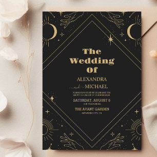 Mystical Celestial Black and Gold Wedding Invitation