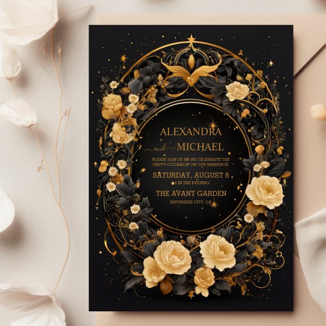 Mystical Celestial Black and Gold Wedding Invitation (Creator Uploaded)