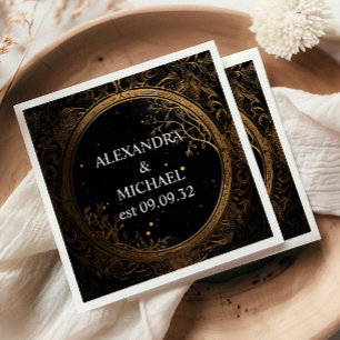 Mystical Celestial Black and Gold Wedding Napkin