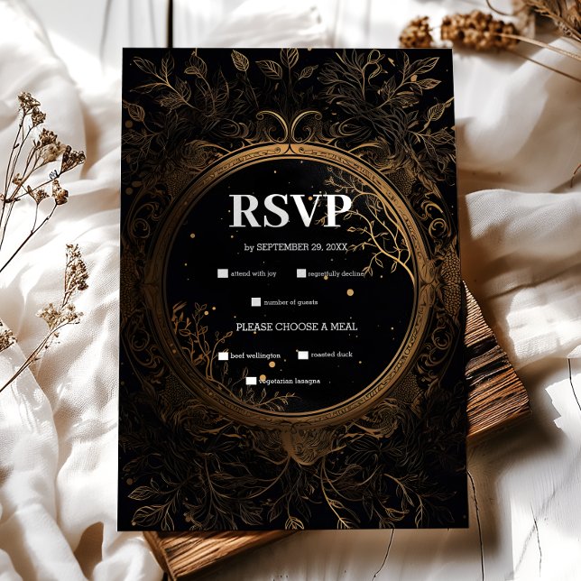 Mystical Celestial Black and Gold Wedding RSVP Card (Creator Uploaded)