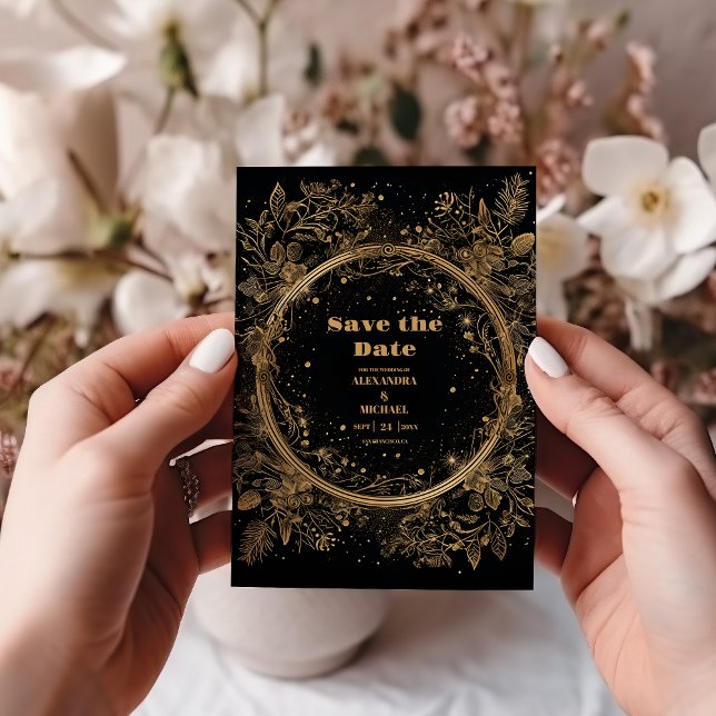 Mystical Celestial Black and Gold Wedding Save The Date (Creator Uploaded)