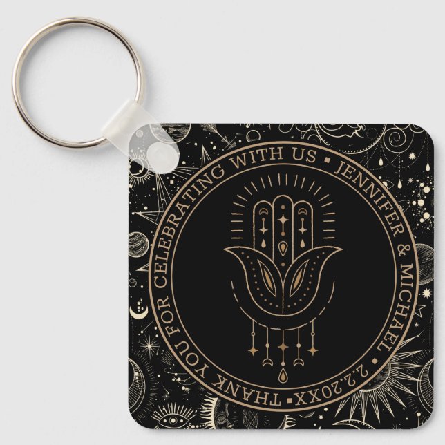  mystical celestial black gold wedding thank you keychain (Front)