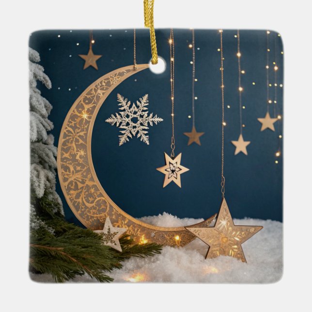 Mystical Celestial Christmas Moon Ceramic Ornament (Front)