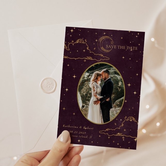 Mystical Celestial Gold Moon Clouds Wedding Save The Date (Creator Uploaded)