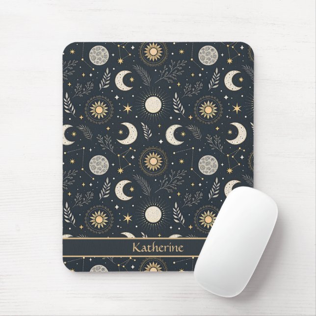 Mystical Celestial Moon Pattern Custom Name Mouse Pad (With Mouse)