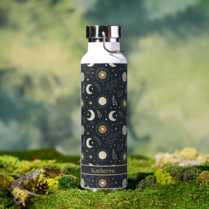 Mystical Celestial Moon Pattern Custom Name Water Bottle